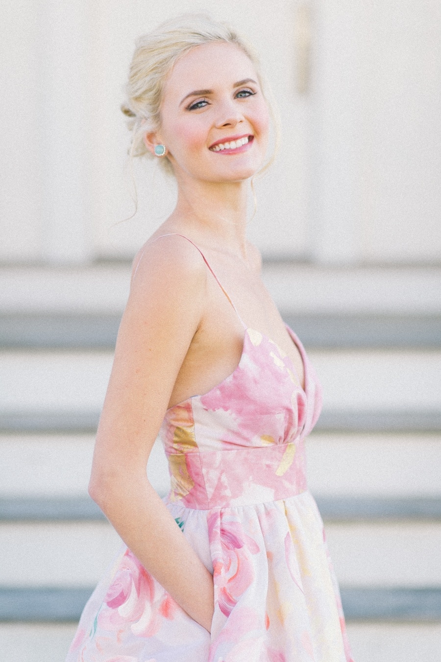 Watercolor Print Wedding Dress | Kat Harris Photography | https://heyweddinglady.com/playful-pink-gold-preppy-bridal-shoot/ Watercolor Floral Print Wedding Dress